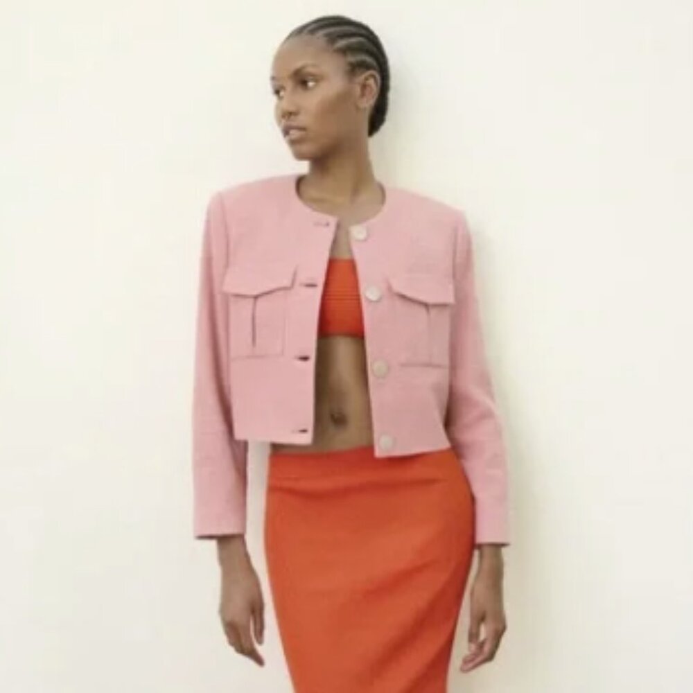 ZARA Pink Textured Weave Button Front Long Sleeve Cropped Blazer Jacket NWOT
